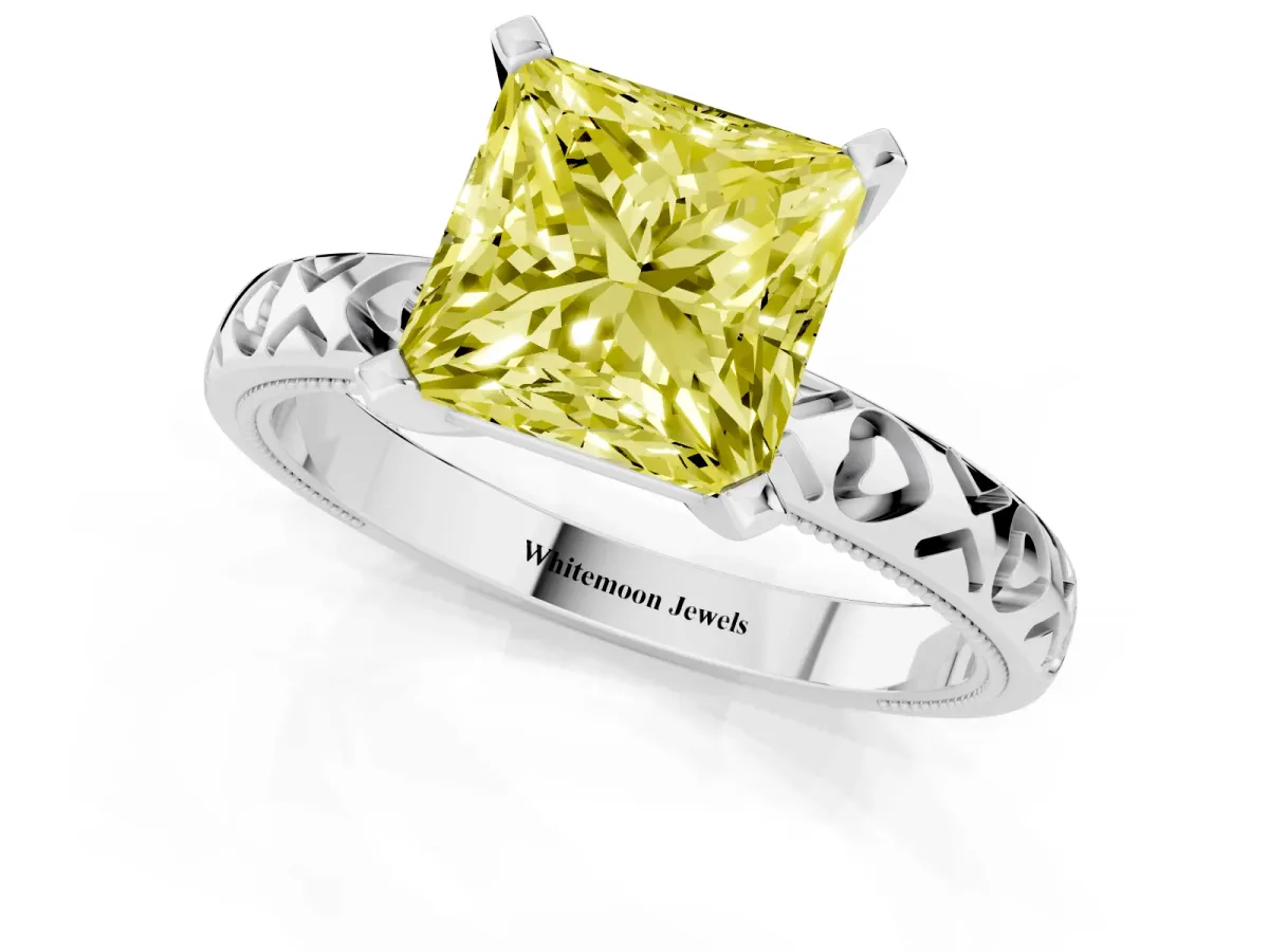 Fancy Yellow Princess Cut Solitaire Diamond Engagement Ring with XO Engraved Band and Four-Prong Setting Silver