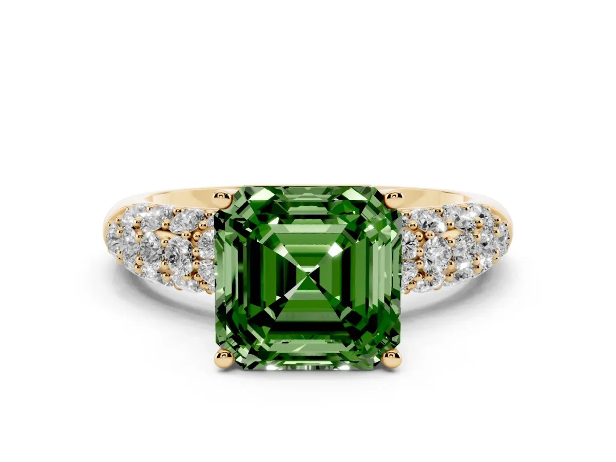 Fancy Green Asscher Cut Diamond Pavé Band Solitaire Ring with Four-Prong Setting Yellow gold