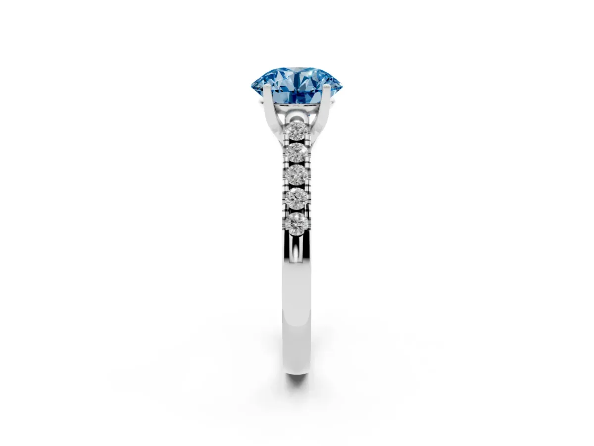 Fancy Blue Round Cut Diamond Pavé Band Solitaire Ring with Prong Setting Platinum