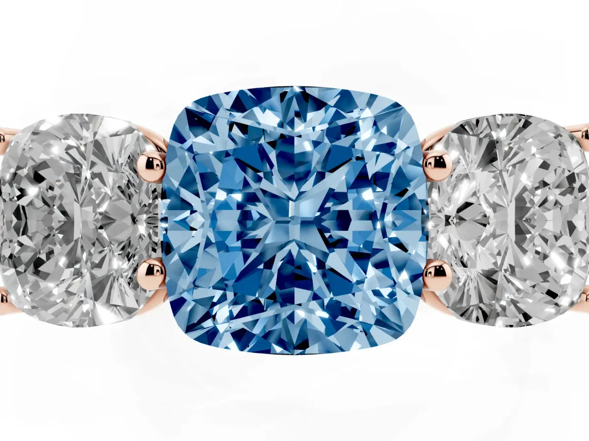 Fancy Blue Cushion Cut Three-Stone Diamond Ring with Prong Setting on a Classic Band Rose gold