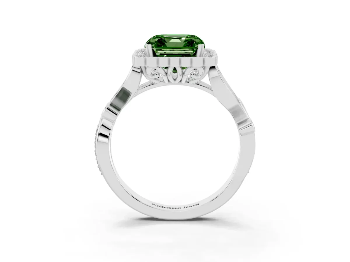 Fancy Green Asscher Cut Diamond Halo Ring with Vintage Split Shank and Four-Prong Setting Silver