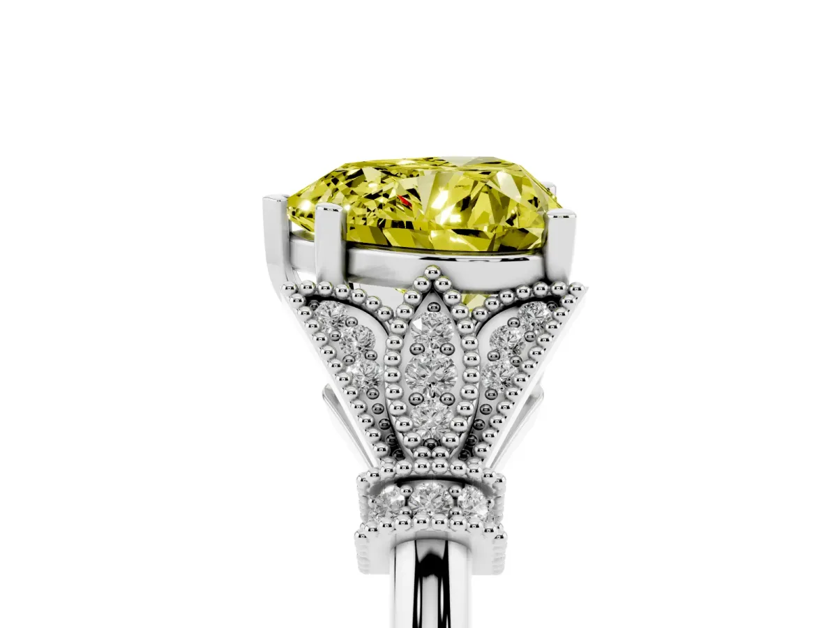Fancy Yellow Heart Cut Diamond Solitaire Ring with Floral Filigree and Pave Accents Platinum
