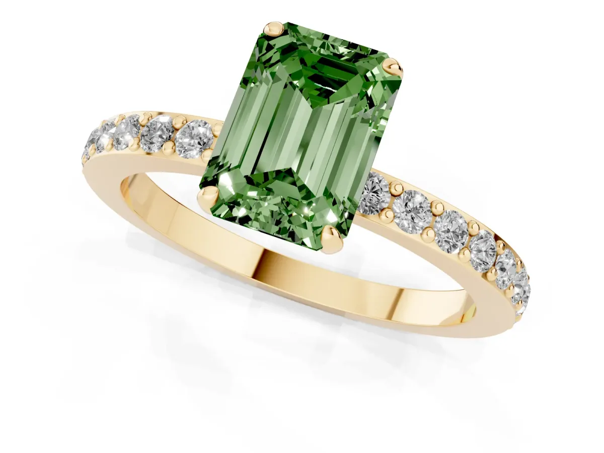 Fancy Green Emerald Cut Diamond Solitaire Engagement Ring with Pavé Band and Four-Prong Setting Yellow gold
