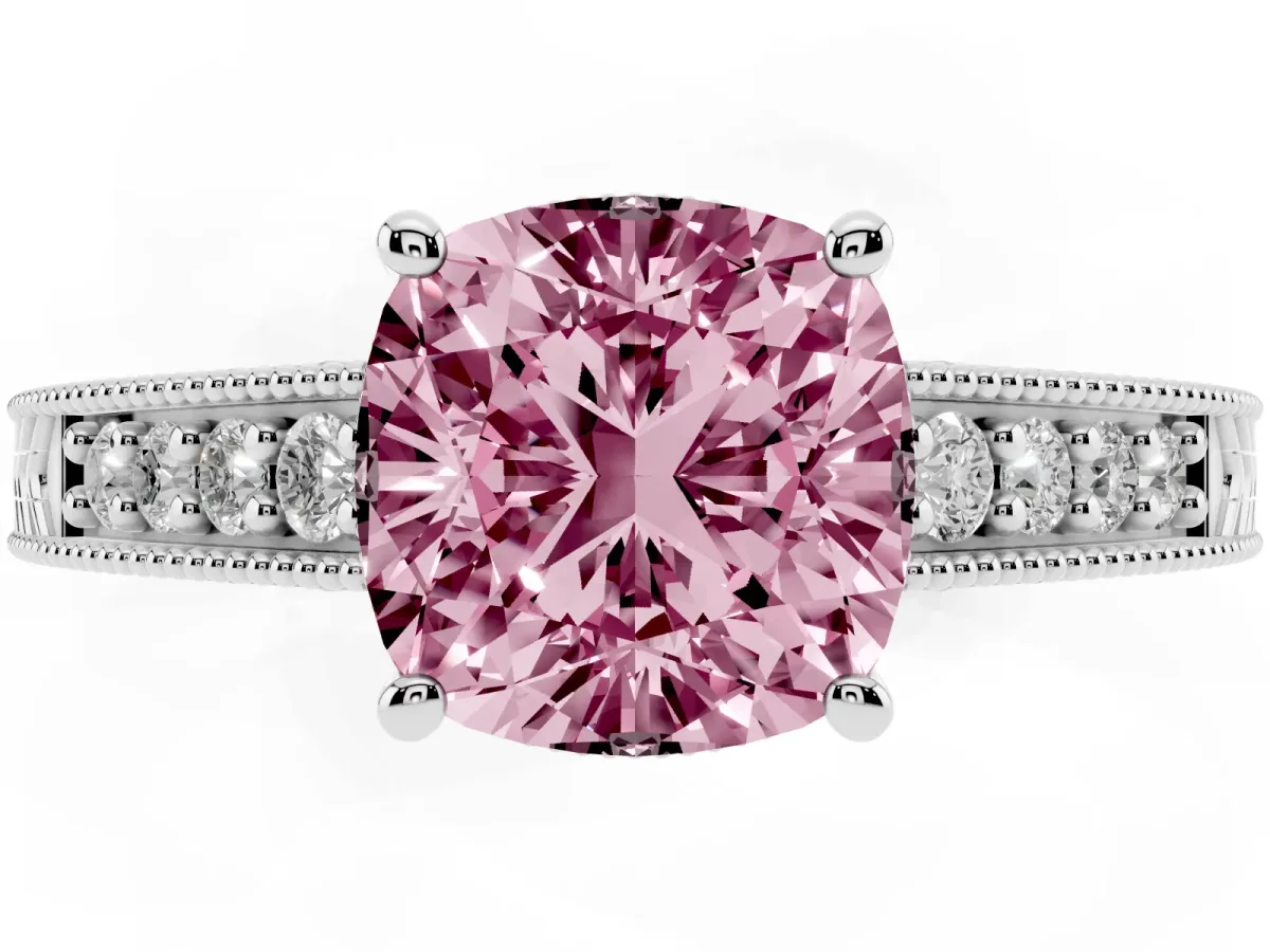 Fancy Pink Cushion Cut Solitaire Pavé Diamond Milgrain Engagement Ring with Four-Prong Setting Silver