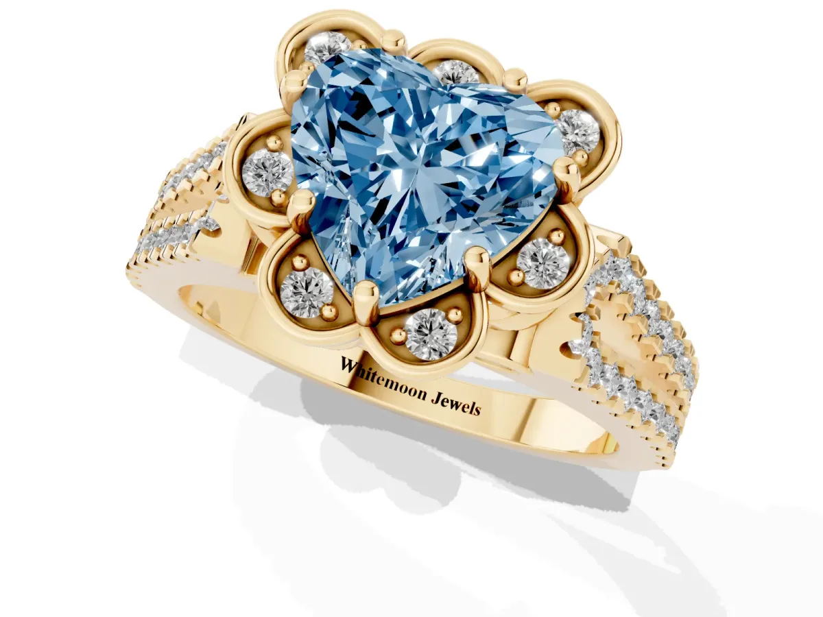 Fancy Blue Heart Cut Halo Diamond Floral Split Shank Engagement Ring Yellow gold