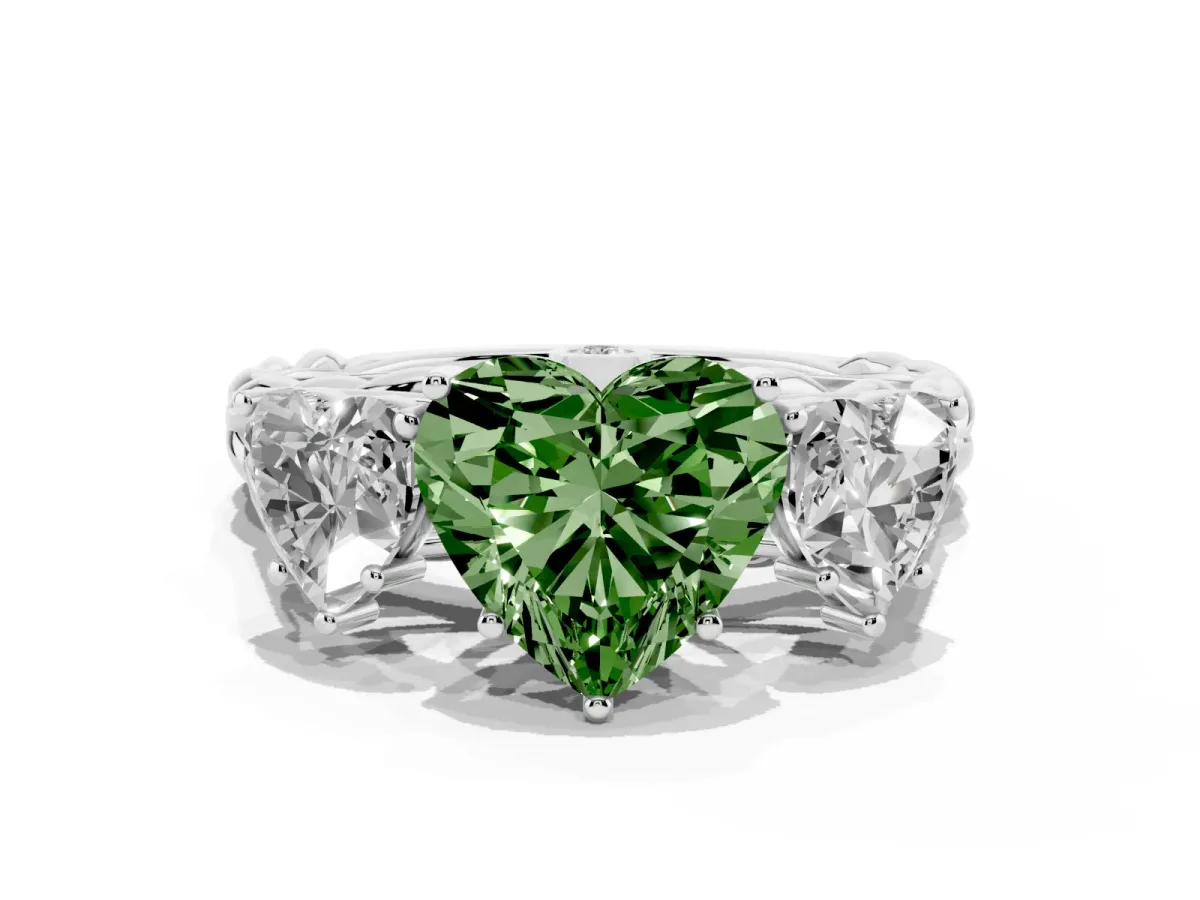 Fancy Green Three-Stone Heart Cut Diamond Braided Band Ring with Four-Prong Setting Silver