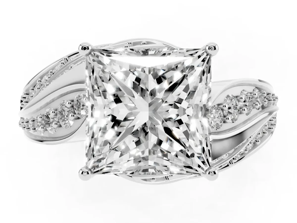 Princess Cut Diamond Solitaire Ring with Prong Setting and Twisted Pavé Band Silver