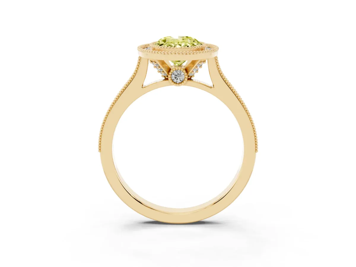Fancy Yellow Halo Oval Cut-Cut Diamond Pave Band Milgrain Prong Setting Ring Yellow gold