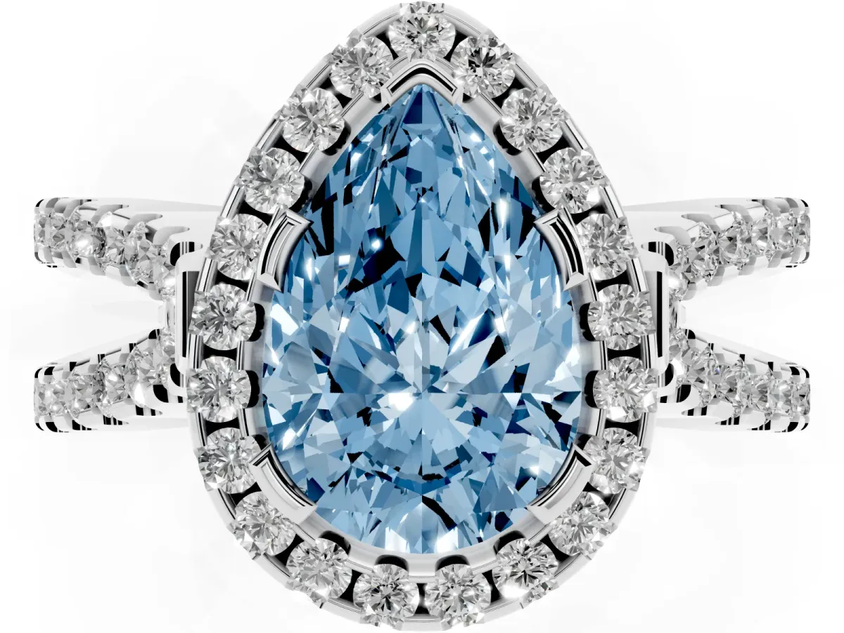 Fancy Blue Pear Cut Diamond Halo Ring with Split Shank Pavé Band and Prong Setting Silver
