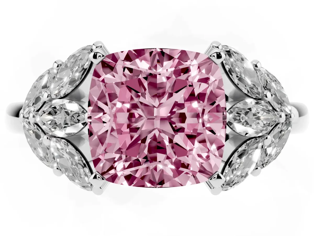 Fancy Pink Cushion Cut Diamond Cluster Leaf Design Ring with Prong Setting White gold