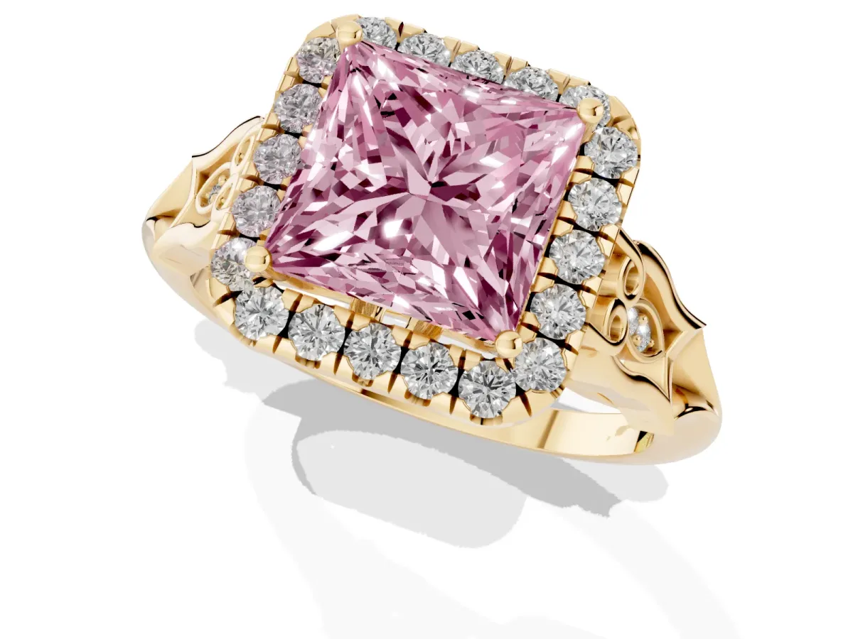 Fancy Pink Princess Cut Halo Diamond Engagement Ring with Filigree Band and Four-Prong Setting Yellow gold