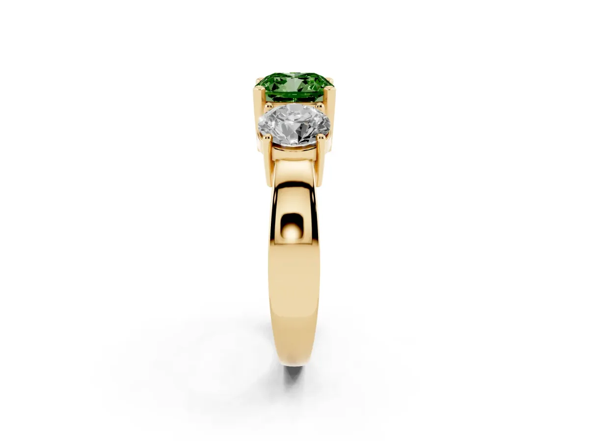 Fancy Green Three-Stone Cushion Cut Diamond Ring with Round Side Stones, Classic Band, and Four-Prong Setting Yellow gold