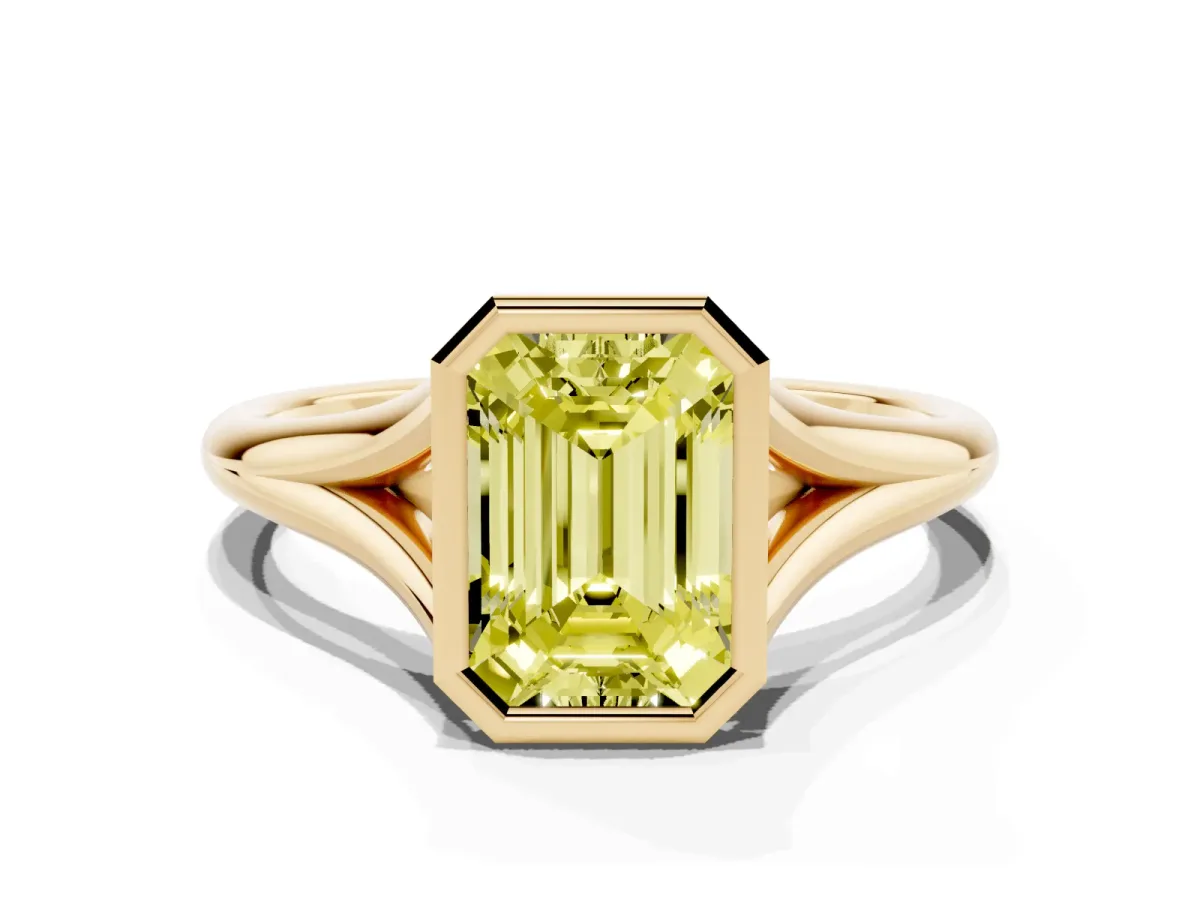 Fancy Yellow Bezel Set Emerald Cut Cut Solitaire Ring with Tapered Band Yellow gold