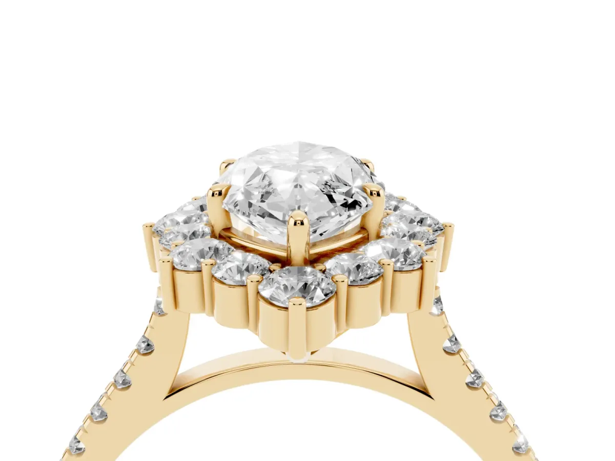 Marquise Cut Halo Diamond Ring with Pavé Band and Prong Setting Yellow gold