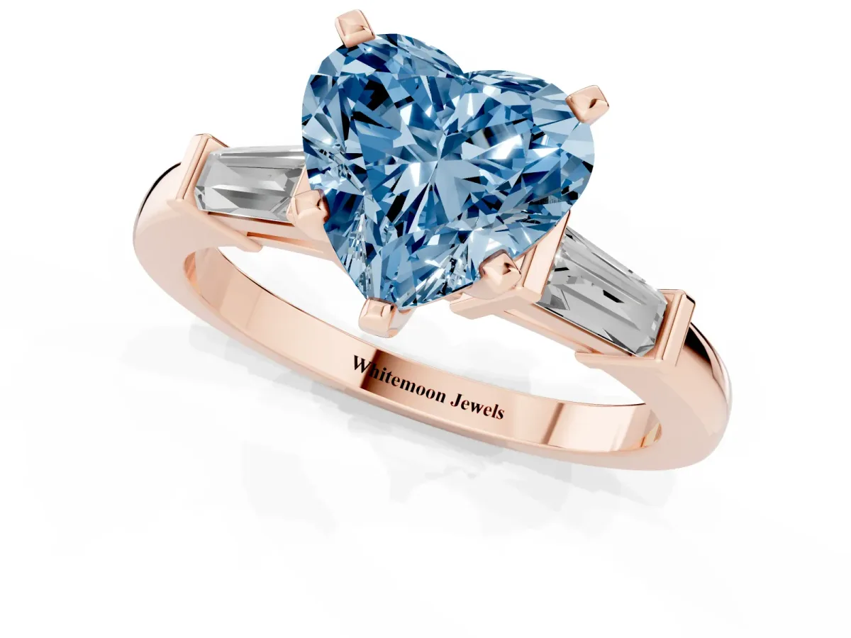 Fancy Blue Heart Cut Cut Diamond Solitaire Ring with Tapered Baguette Accents and Four-Prong Setting Rose gold