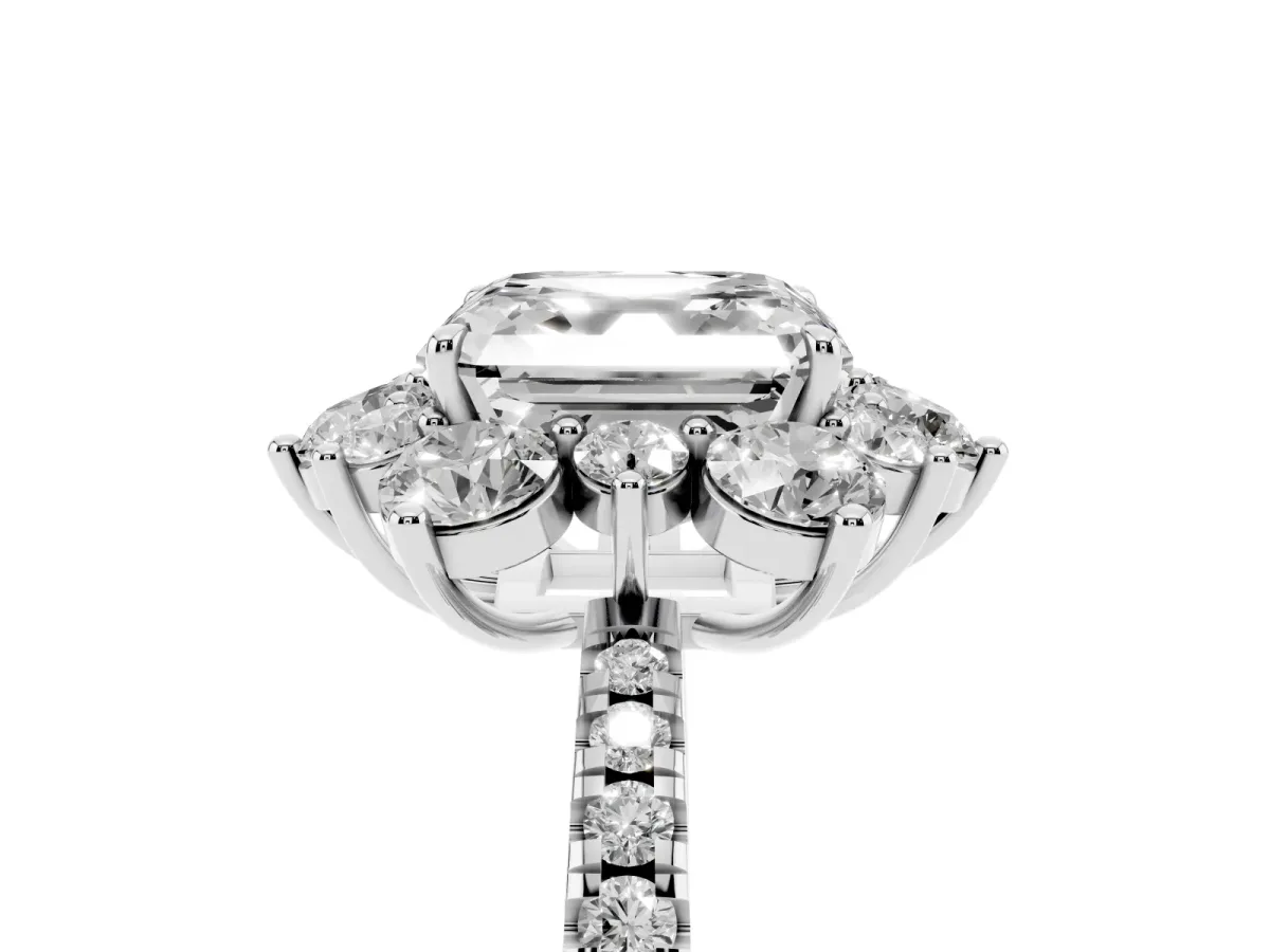 Asscher Cut Diamond Floral Halo Ring with Round Pavé Band and Prong Setting White gold