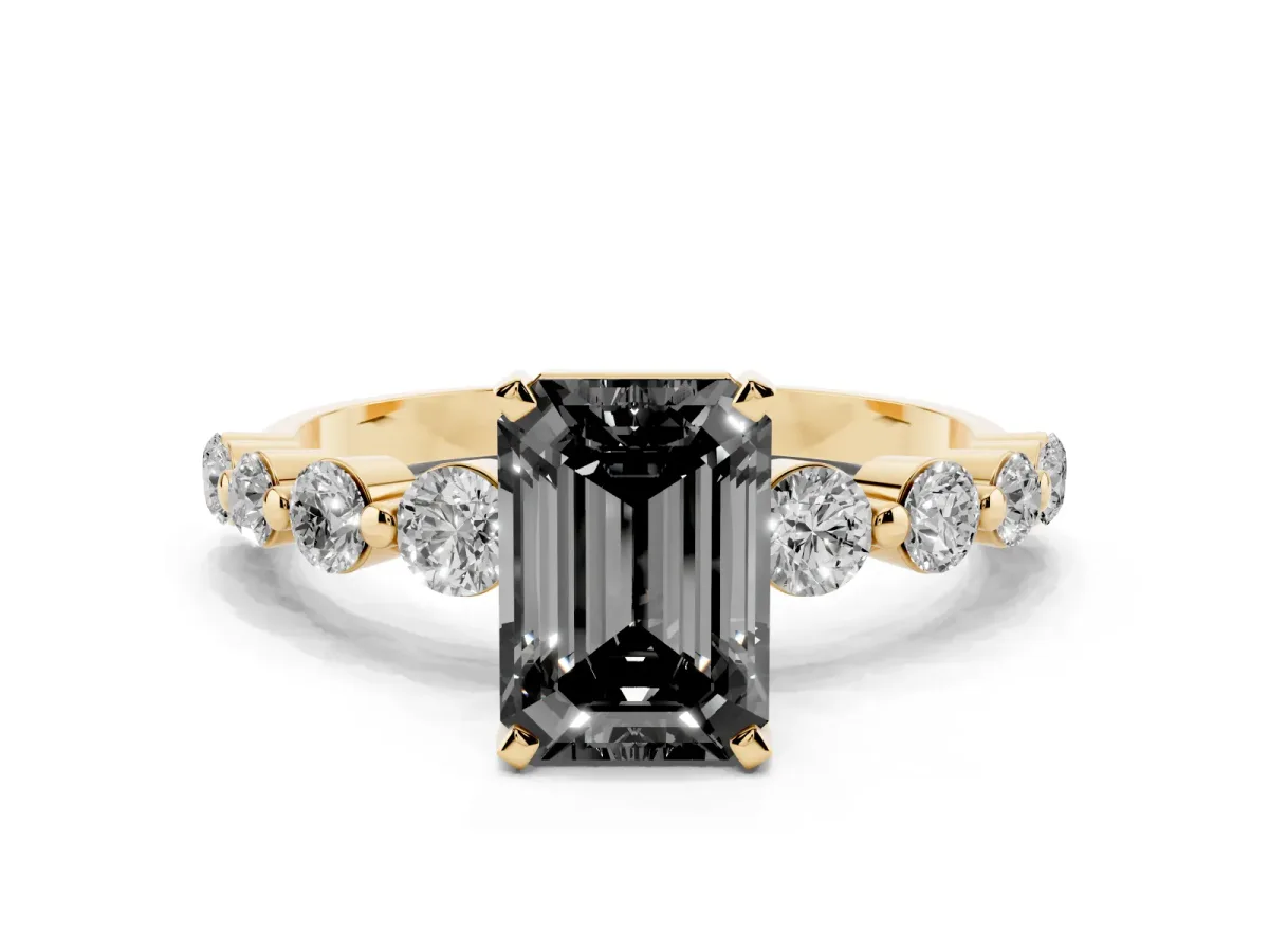 Fancy Black Emerald Cut Solitaire Diamond Ring with Pave Band and Four-Prong Setting Yellow gold