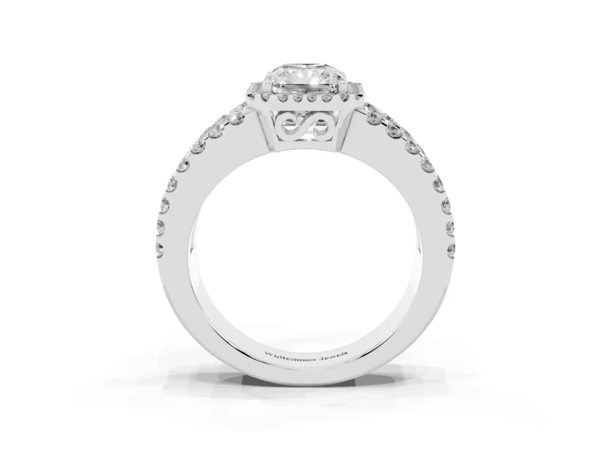 Radiant Cut Cut Halo Split Shank Diamond Ring with Four-Prong Setting White gold