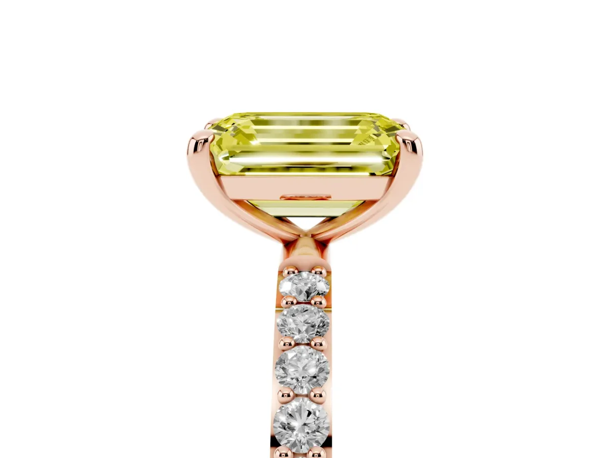 Fancy Yellow Emerald Cut Diamond Solitaire Ring with Round Pavé Band and Prong Setting Rose gold