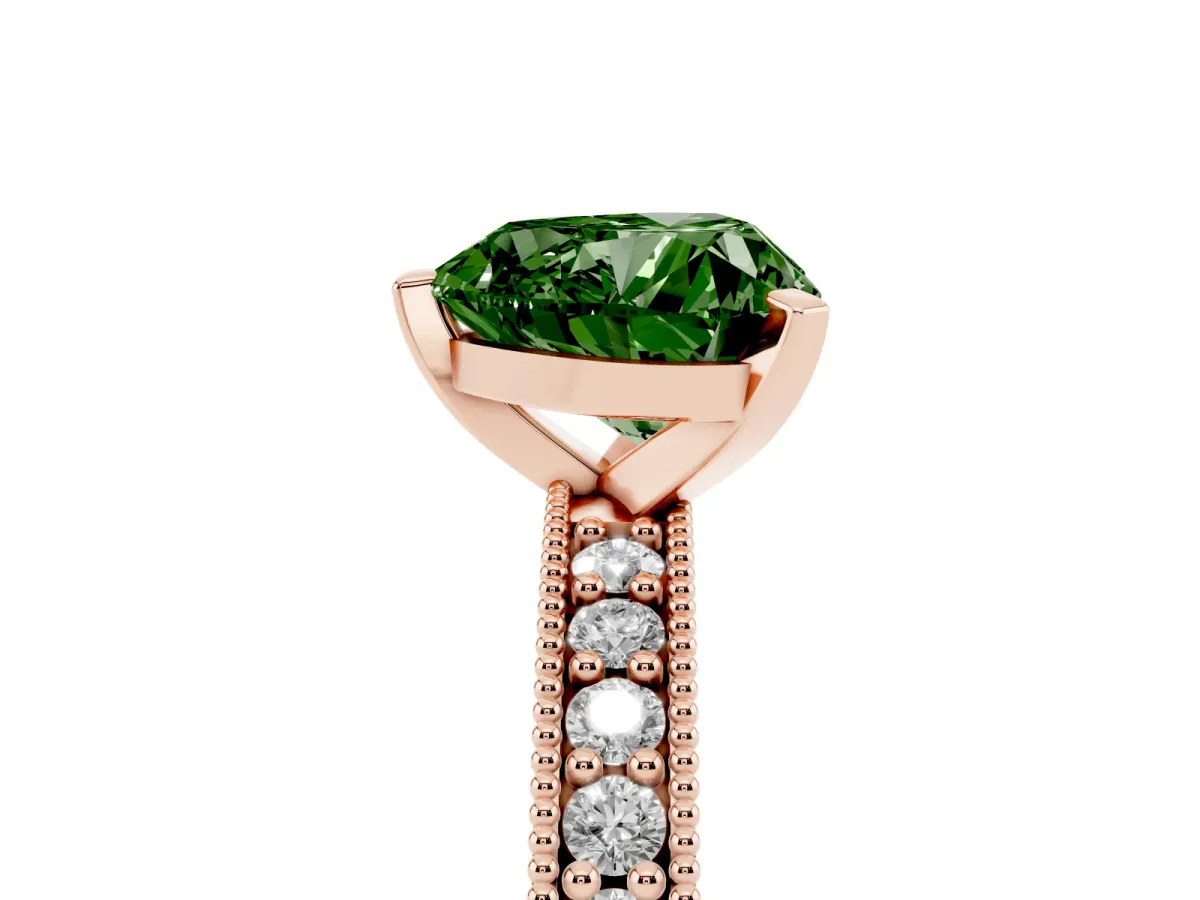 Fancy Green Heart Cut Diamond Milgrain Pavé Engagement Ring with Four-Prong Setting Rose gold