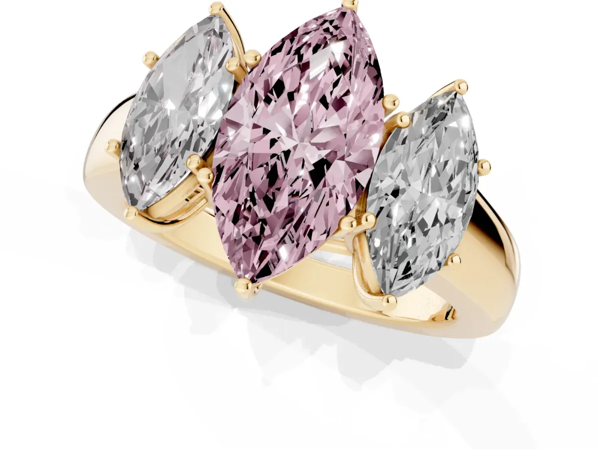 Fancy Pink Three-Stone Marquise Cut Cut Diamond Ring with Prong Setting and Classic Band Yellow gold