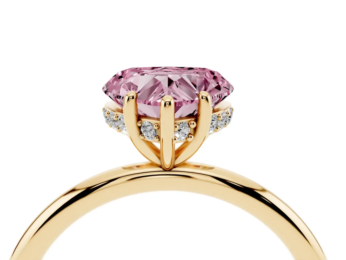 Fancy Pink Heart Cut Solitaire Diamond Ring with a Classic Band and Four-Prong Setting Yellow gold