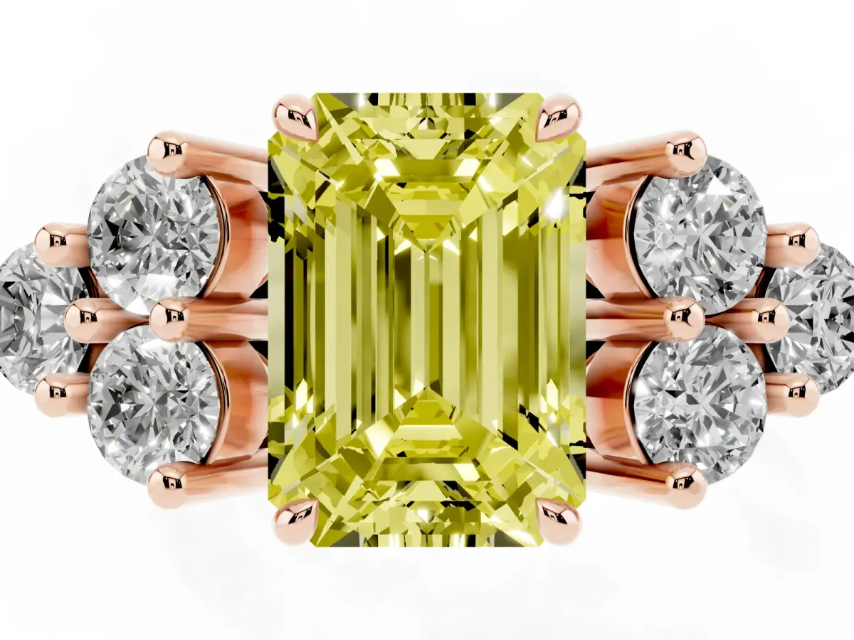 Fancy Yellow Emerald Cut Brilliant Diamond Cluster Accent Solitaire Ring with Prong Setting Rose gold
