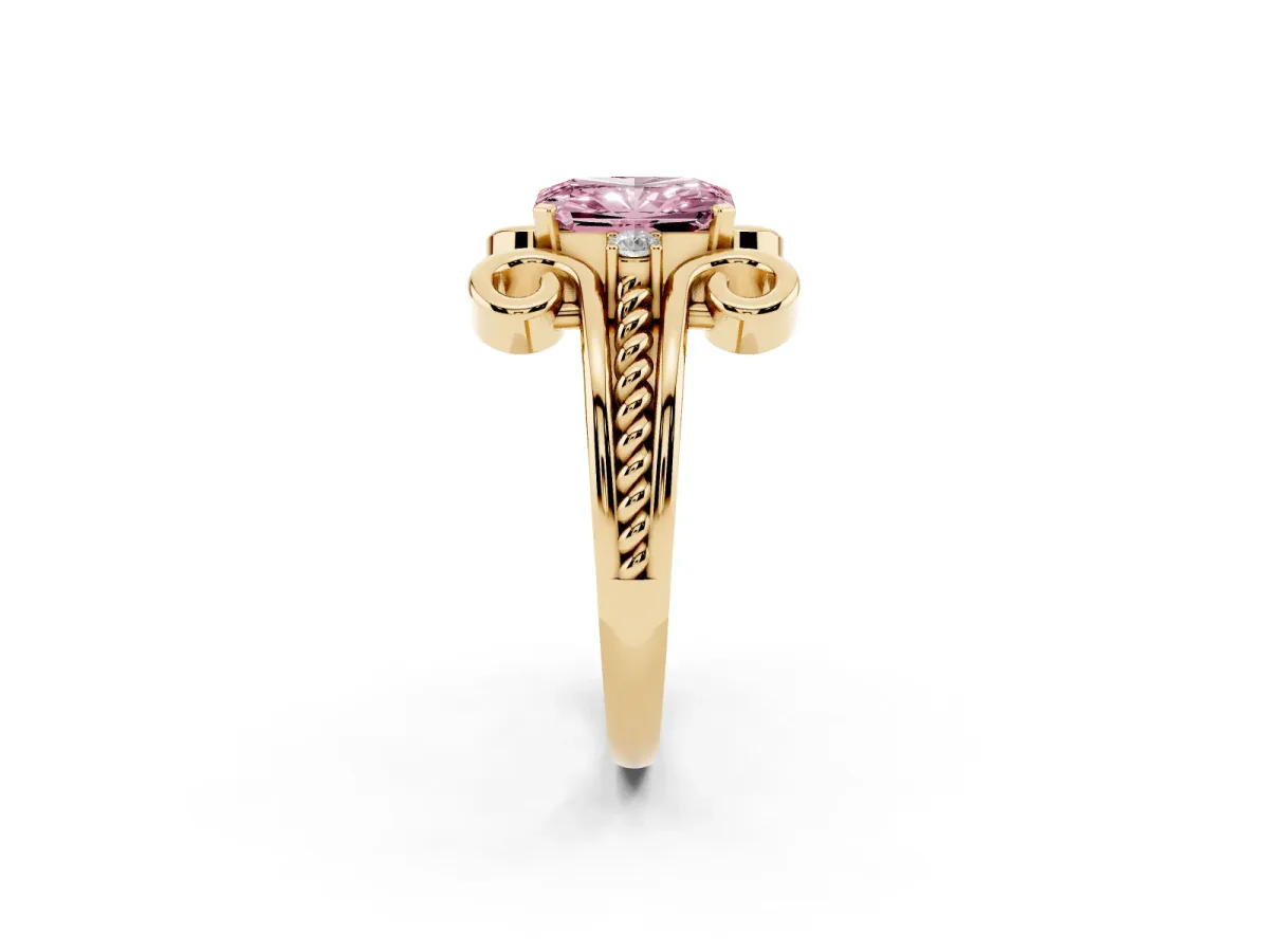 Fancy Pink Radiant Cut Solitaire Twisted Band Scroll Prong Ring Yellow gold