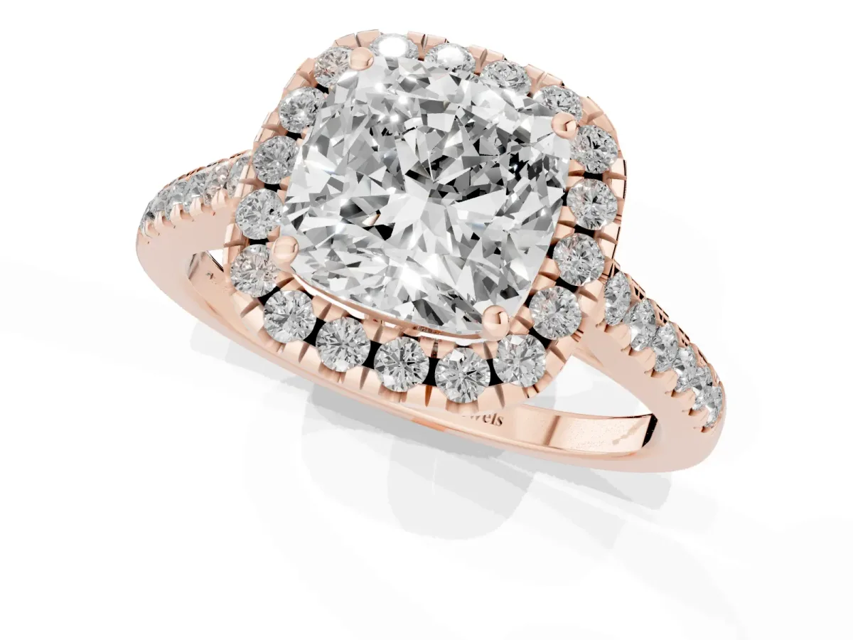Cushion Cut Halo Pavé Diamond Engagement Ring with Four-Prong Setting Rose gold