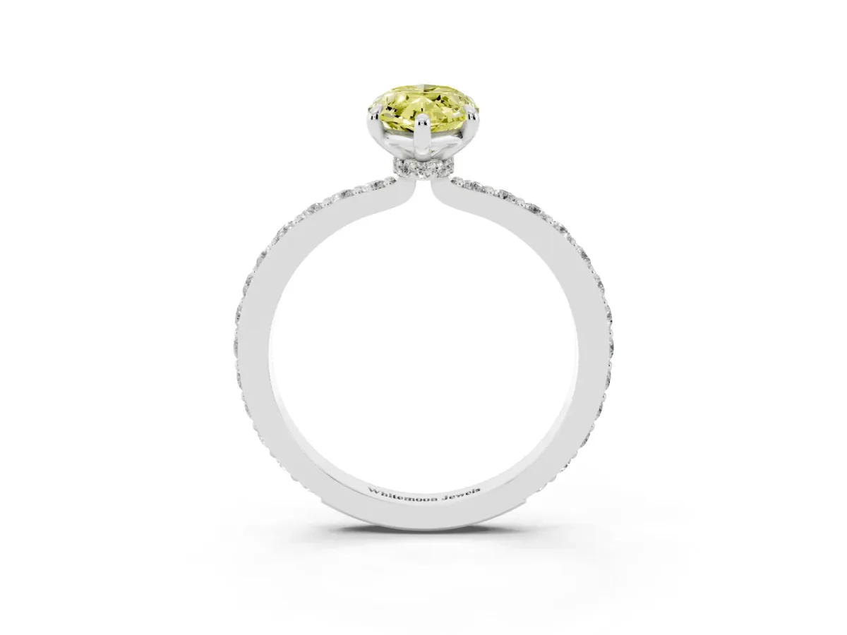 Fancy Yellow Marquise Cut Diamond Pavé Engagement Ring with Round Accents and Prong Setting Silver