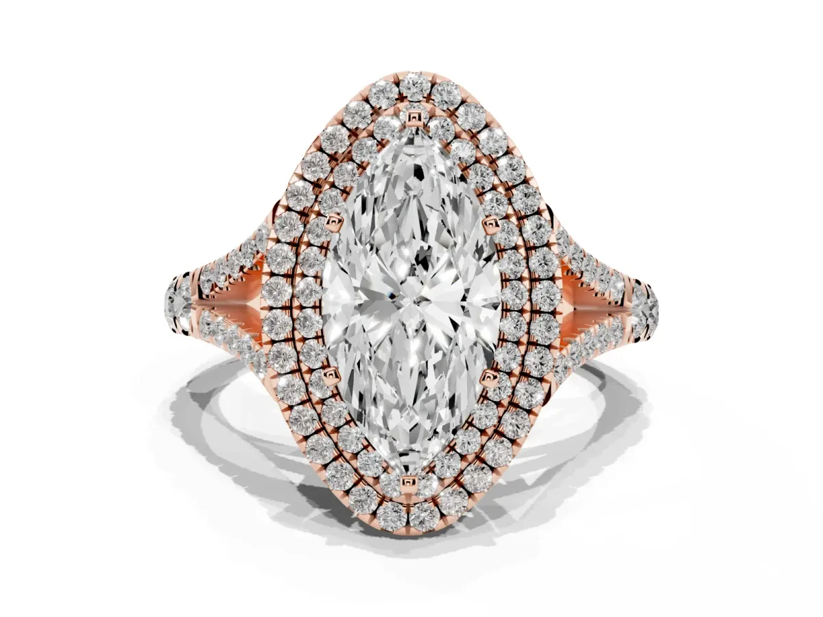 Marquise Cut Cut Double Halo Split Shank Diamond Ring with Prong Setting Rose gold