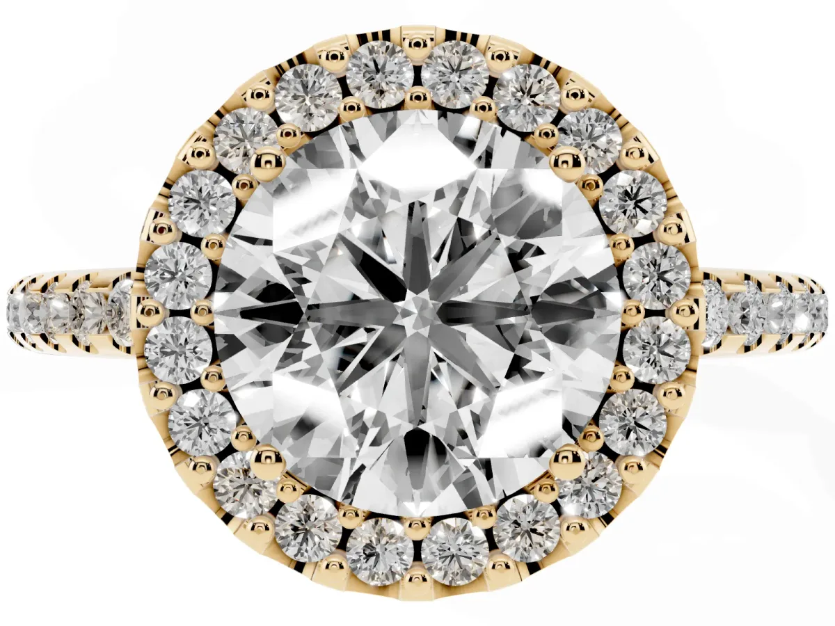 Round Cut Diamond Pavé Halo Ring with Four-Prong Setting Yellow gold