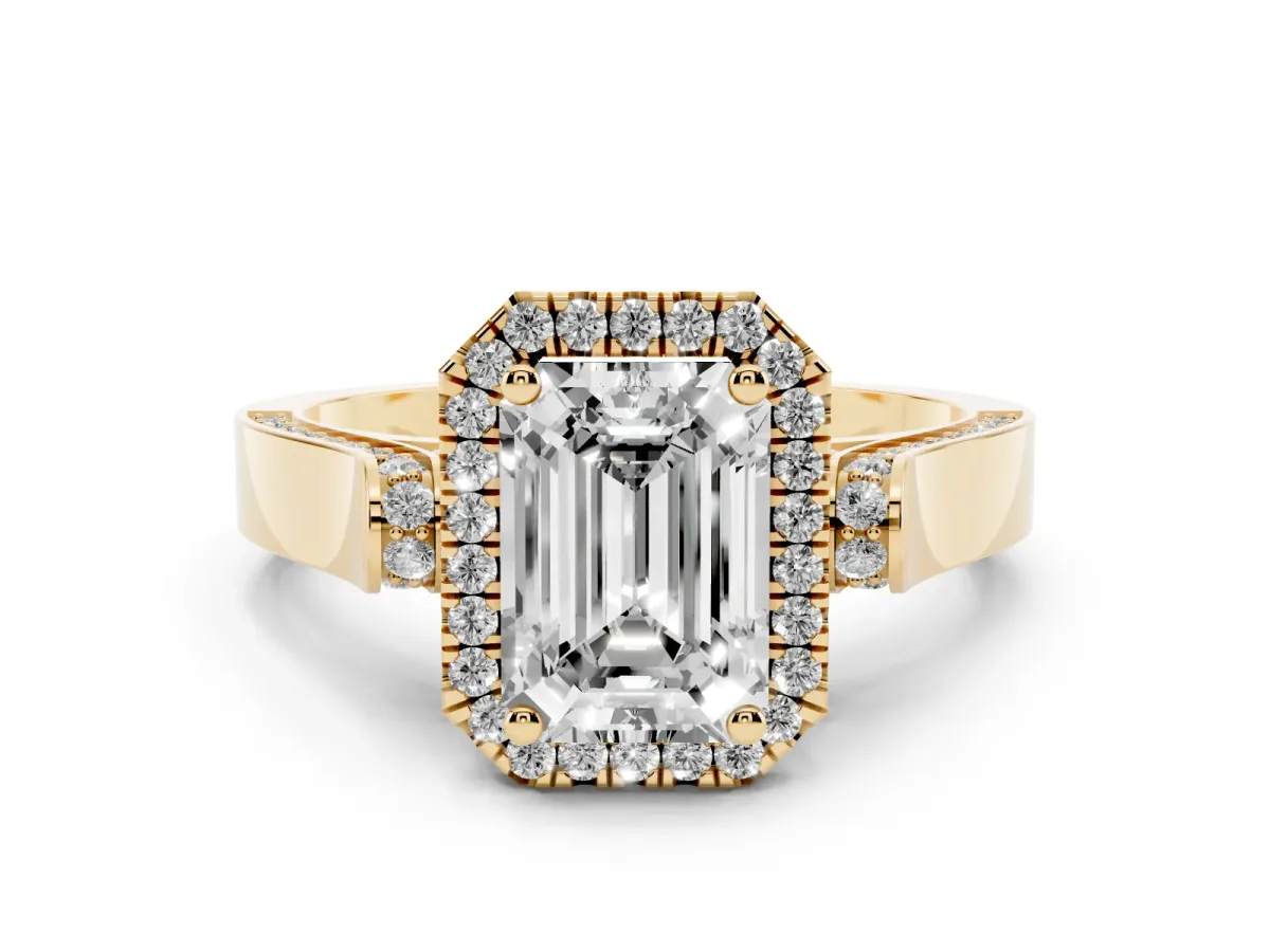 Emerald Cut Halo Pave Split Shank Prong Setting Ring Yellow gold