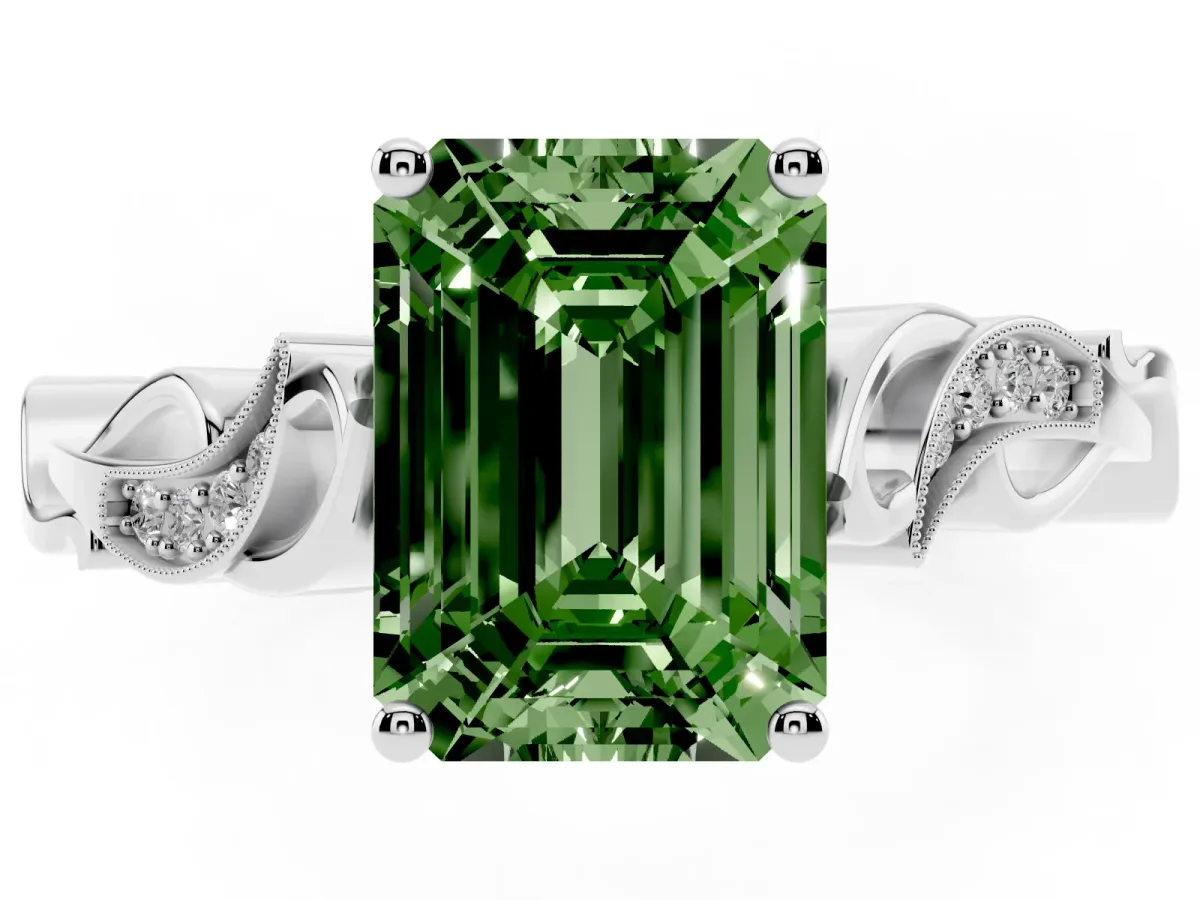Fancy Green Emerald Cut Solitaire Vine Band with Milgrain Prong Setting Platinum