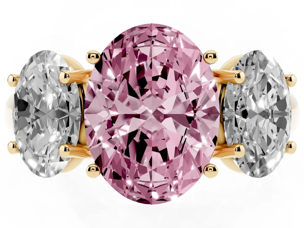 Fancy Pink Three-Stone Oval Cut Diamond Engagement Ring with Prong Setting Yellow gold
