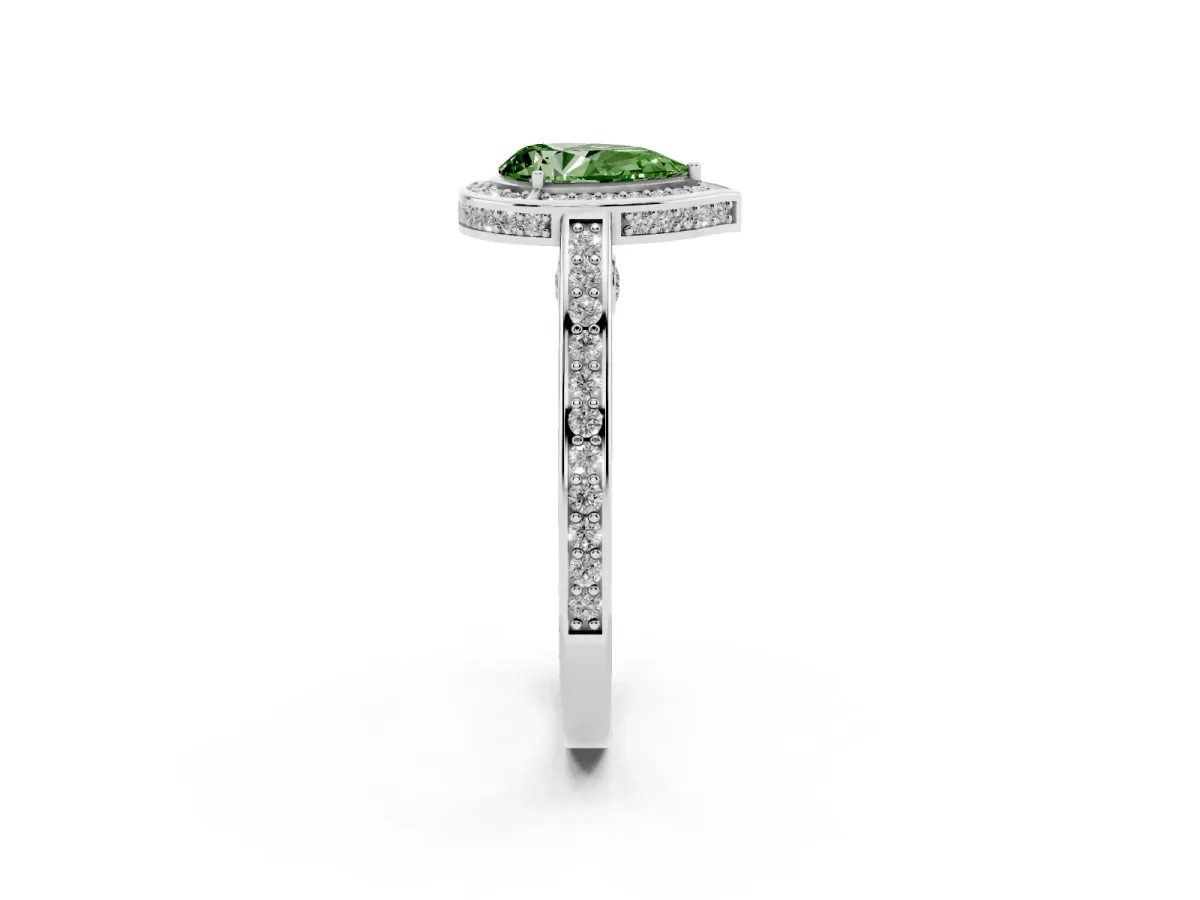 Fancy Green Pear Cut Cut Halo Pave Split Shank Prong Setting Ring Silver