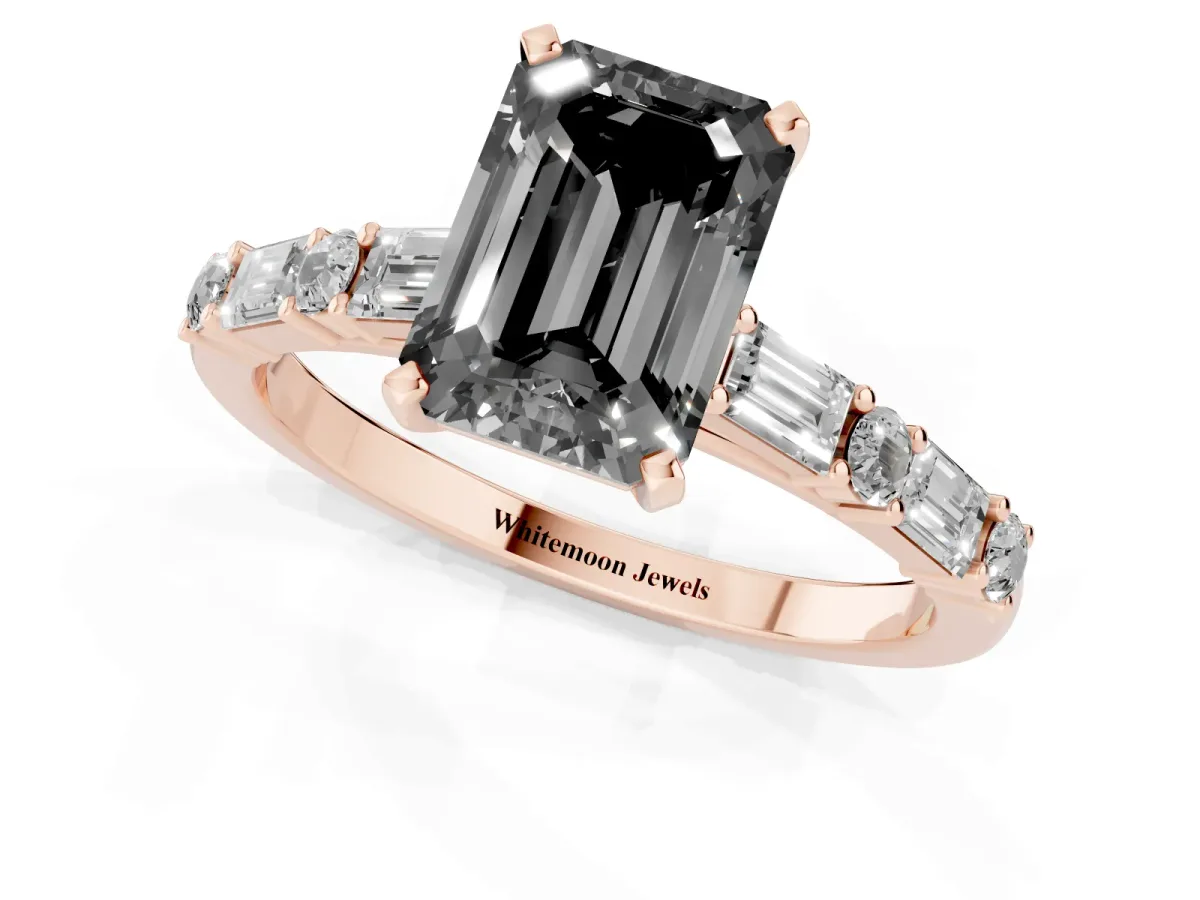 Fancy Black Emerald Cut Diamond Solitaire with Side Baguettes and Channel Set Band Rose gold