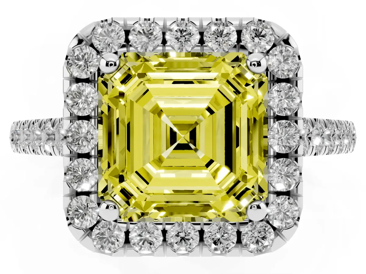 Fancy Yellow Asscher Cut Halo Pavé Diamond Engagement Ring with Four-Prong Setting Silver