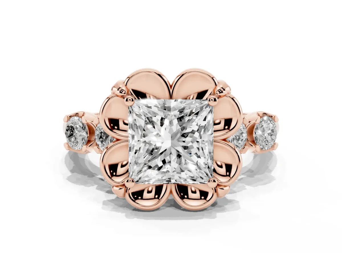 Princess Cut Cut Diamond Floral Halo Engagement Ring with Shared Prong Setting Rose gold