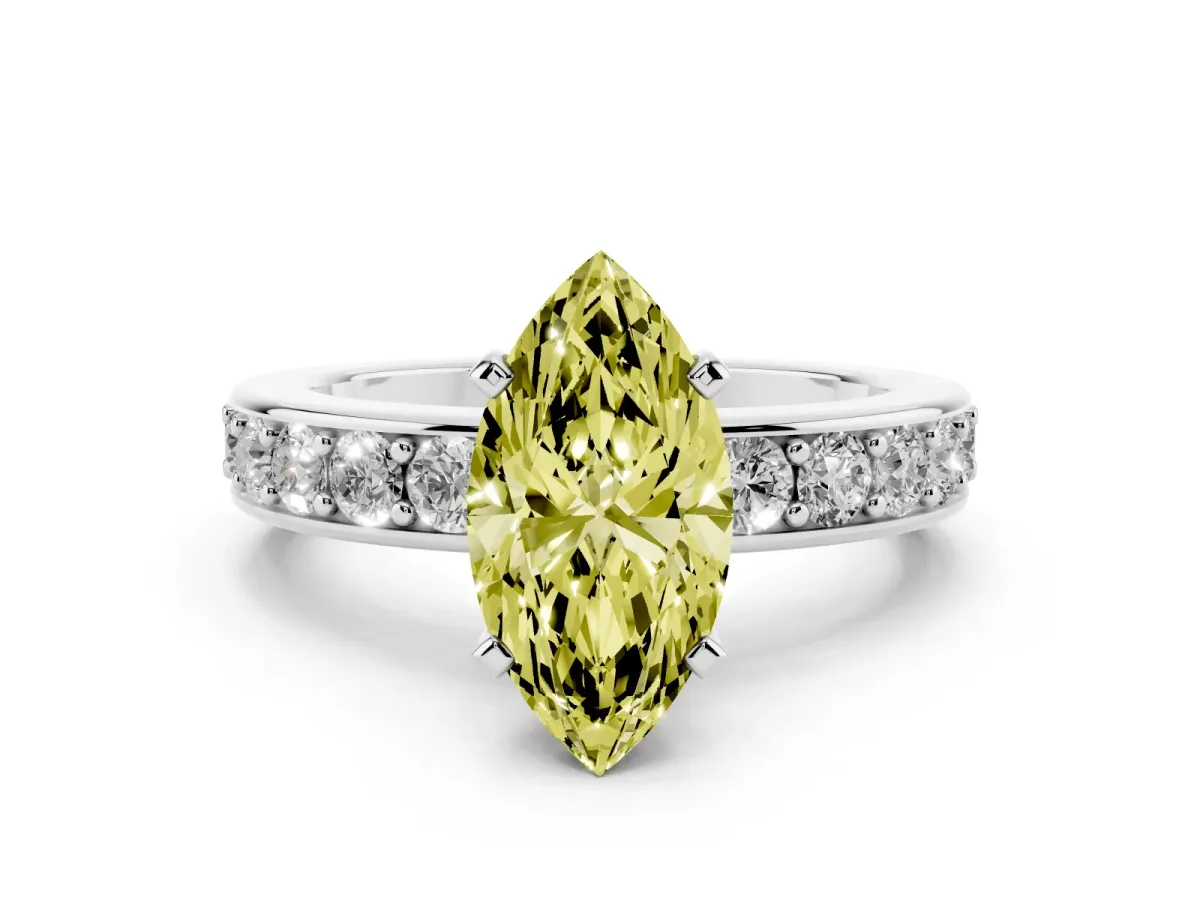 Fancy Yellow Marquise Cut Diamond Engagement Ring with Channel Set Round Band and Prong Setting White gold