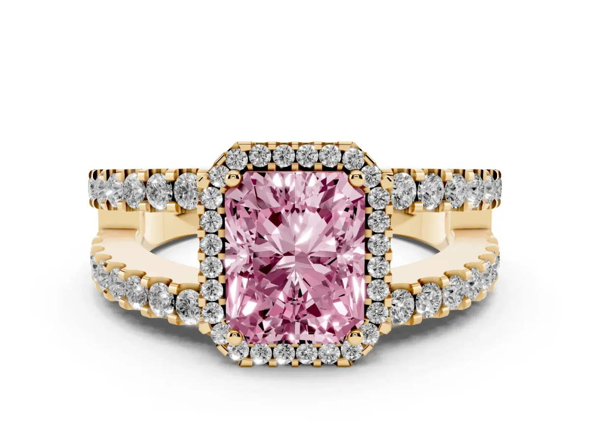 Fancy Pink Radiant Cut Cut Halo Split Shank Diamond Ring with Four-Prong Setting Yellow gold