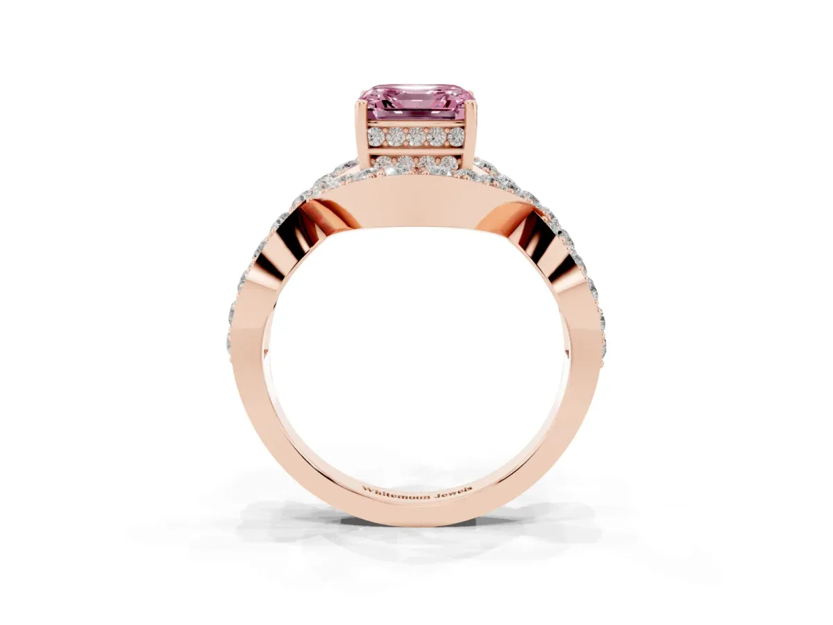 Fancy Pink Asscher Cut Solitaire Twist Band Pavé Diamond Engagement Ring Rose gold