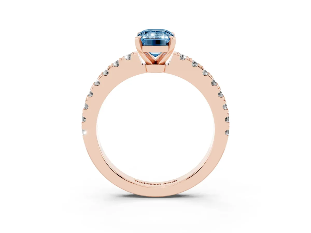 Fancy Blue Emerald Cut Solitaire Diamond with Pavé Band and Four-Prong Setting Rose gold