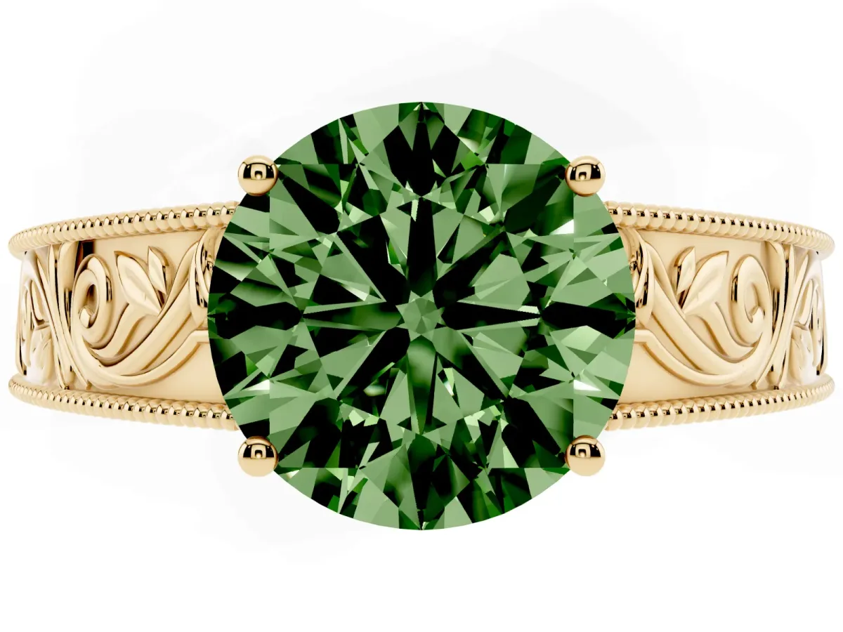 Fancy Green Round Cut Diamond Solitaire Ring with Engraved Band and Four-Prong Setting Yellow gold