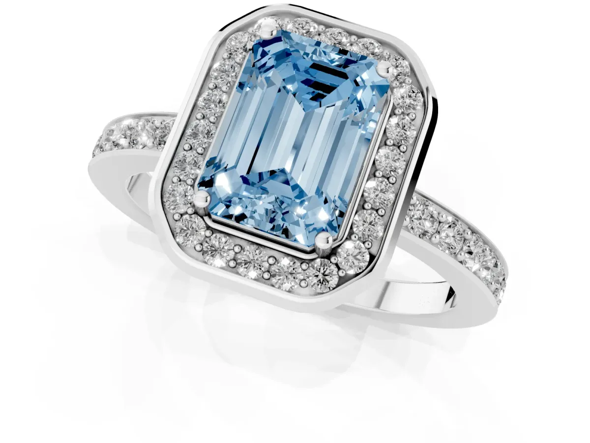 Fancy Blue Emerald Cut Diamond Halo Ring with Bezel Frame and Pavé Band Silver