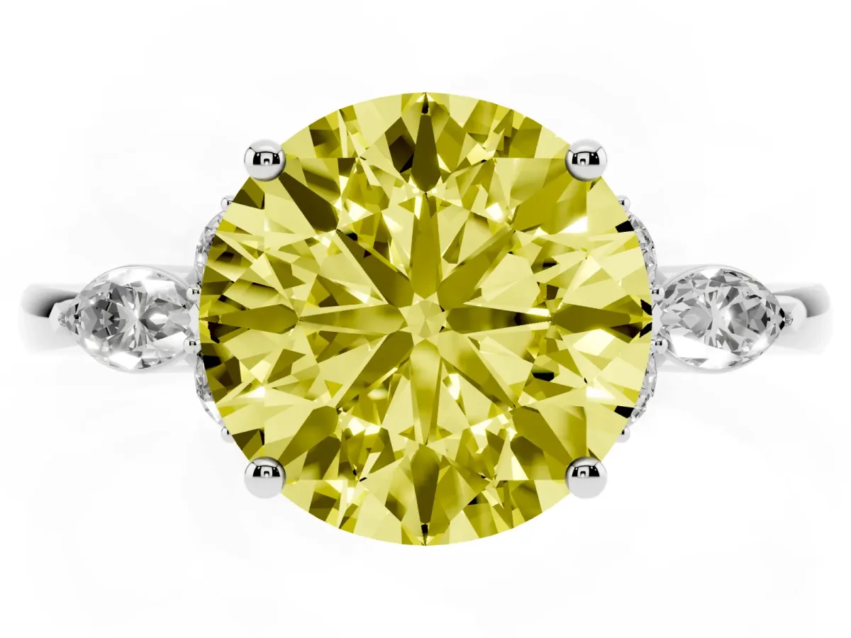 Fancy Yellow Round Cut Brilliant Diamond Solitaire Ring with Pear Side Stones and Four-Prong Setting White gold