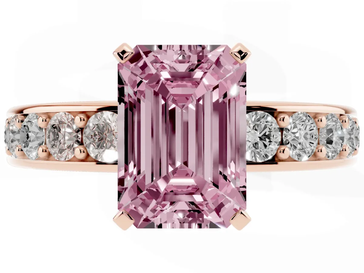 Fancy Pink Emerald Cut Diamond Engagement Ring with Channel Set Round Band and Prong Setting Rose gold