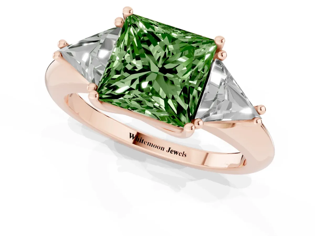 Fancy Green Three-Stone Princess Cut Diamond Engagement Ring with Trillion Side Stones and Prong Setting Rose gold