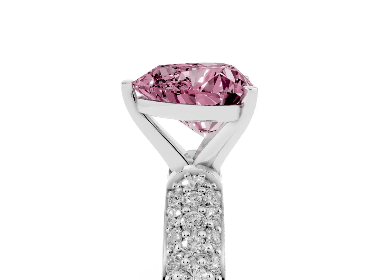 Fancy Pink Heart Cut Diamond Solitaire Ring with Prong Setting and Pavé Band Silver