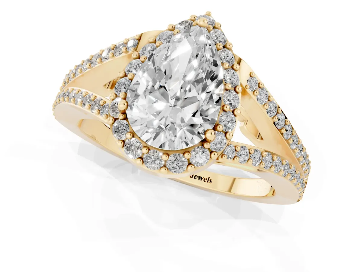 Pear Cut Halo Split Shank Pave Diamond Ring with Four-Prong Setting Yellow gold